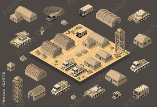 Set of army armed troop isometric armed military transport objects