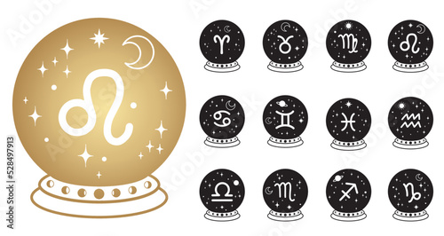 12 Zodiac sign in Magic glass ball surrounded by stars, Fortune teller concept design illustration on white background