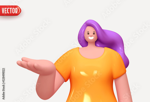 Happy cheerful young woman hold open palm arm. Young handsome girl wearing casual showing open hand. Realistic cartoon characters. Close-up 3d People women positive. Vector illustration