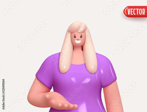 Happy cheerful young woman hold open palm arm. Young handsome girl wearing casual showing open hand. Realistic cartoon characters. Close-up 3d People women positive. Vector illustration