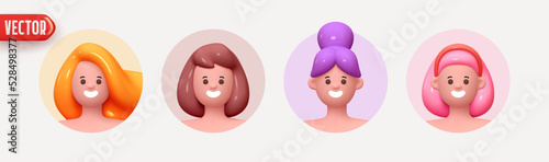 Woman avatar face with smile. Icon user person. Close-up faces of women and young girl in round frame. Set of People happy joyful. Realistic 3d design in cartoon style. vector illustration