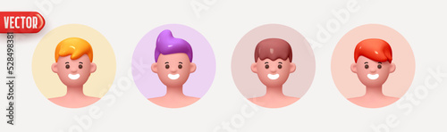 People Avatar Face with smile. Icon user person. Close-up faces of Man and boy in round frame with beard. Set of People happy joyful. Realistic 3d design in cartoon style. vector illustration