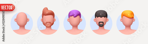 People Avatar Face. Icon user person. Close-up faces of Man and boy in round frame with beard without emotions. Set of People happy joyful. Realistic 3d design in cartoon style. vector illustration