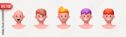 People Avatar Face with smile. Icon user person. Close-up faces of Man and boy with beard. Set of People happy joyful. Realistic 3d design in cartoon style. vector illustration