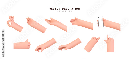 Hands set of realistic 3d design in cartoon style. Hand shows different gestures signs. Vector illustration