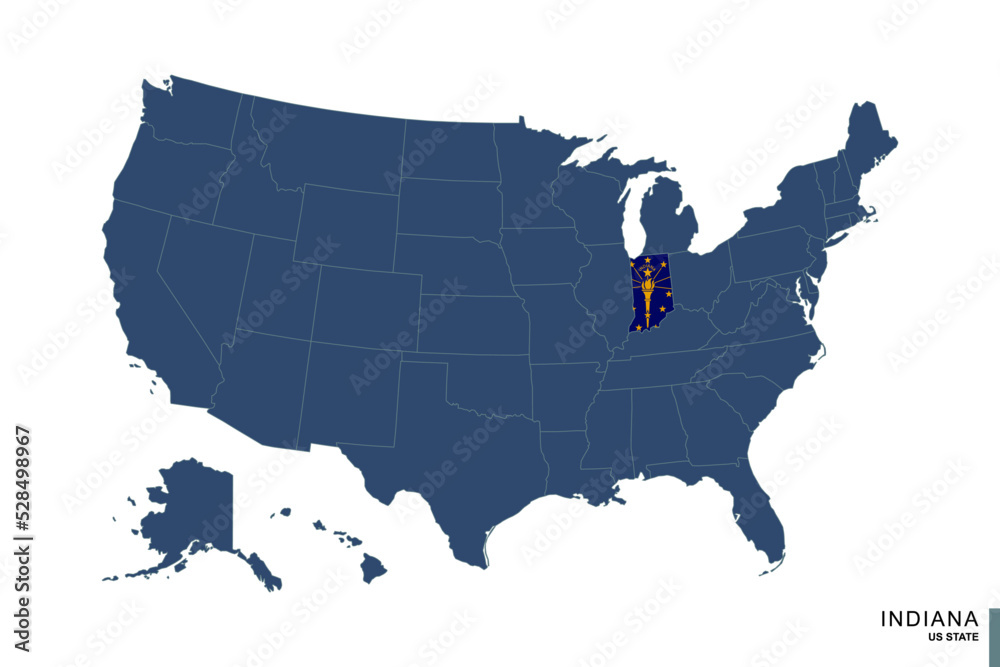 State of Indiana on blue map of United States of America. Flag and map of Indiana.