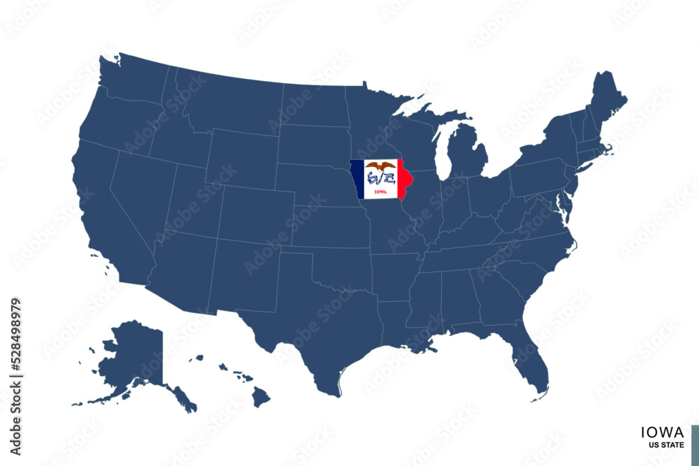State of Iowa on blue map of United States of America. Flag and map of Iowa.