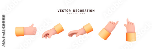Hands set of realistic 3d design in cartoon style. Hand shows different gestures signs. Vector illustration