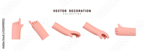 Hands set of realistic 3d design in cartoon style. Hand shows different gestures signs. Vector illustration