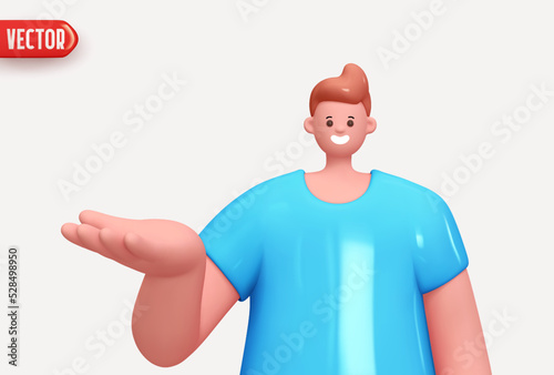 Happy cheerful young man hold open palm arm. Young handsome boy wearing casual showing open hand. Realistic cartoon characters. Close-up 3d People positive. vector illustration