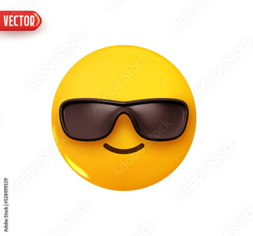 Emoji face is cool in sunglasses. Emoticon yellow glossy color. Realistic 3d design In plastic cartoon style. Icon isolated on white background. Vector illustration