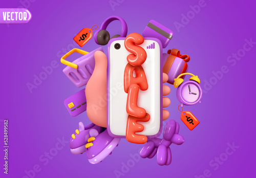 Hand holding phone on screen shows sale. Online shop social networks. Hand holds modern smartphone. Creative concept idea Marketing advertising and sale. Realistic 3d design. vector illustration