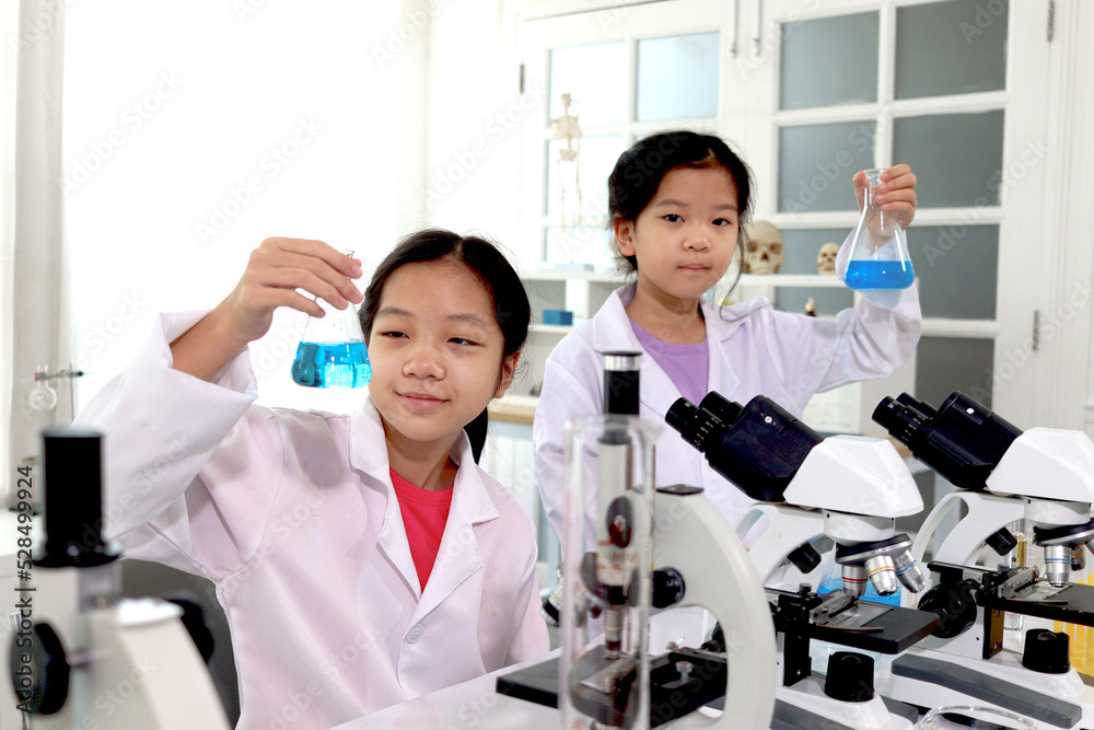 Fototapeta premium Two adorable pretty schoolgirls in lab coat doing simple science experiments, young Asian kid scientist having fun in chemistry laboratory class, happy smiling girl showing chemical flask, little chil