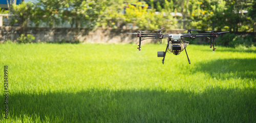 Agriculture drone fly to sprayed fertilizer on the fields,  Agriculture drone flying and spraying fertilizer and pesticide over farmland,High technology innovations and smart farming