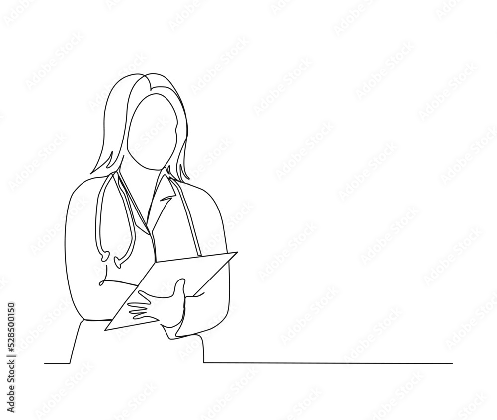 Continuous line drawing of woman doctor holding patient paper document with stethoscope. Single line art of health care concept - Vector illustration. Continuous line drawing of woman doctor holding patient paper document with stethoscope. Single line art of health care concept - Vector illustration.
