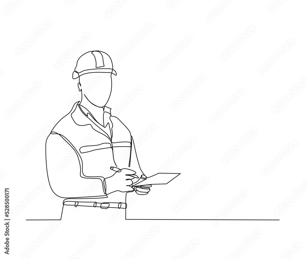 Continuous line drawing of construction worker with blue print paper ...