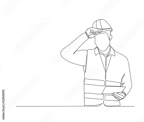 Continuous line drawing of construction worker with blue print paper. Single line art of architect hold design paper of building vector - Ilustrator.