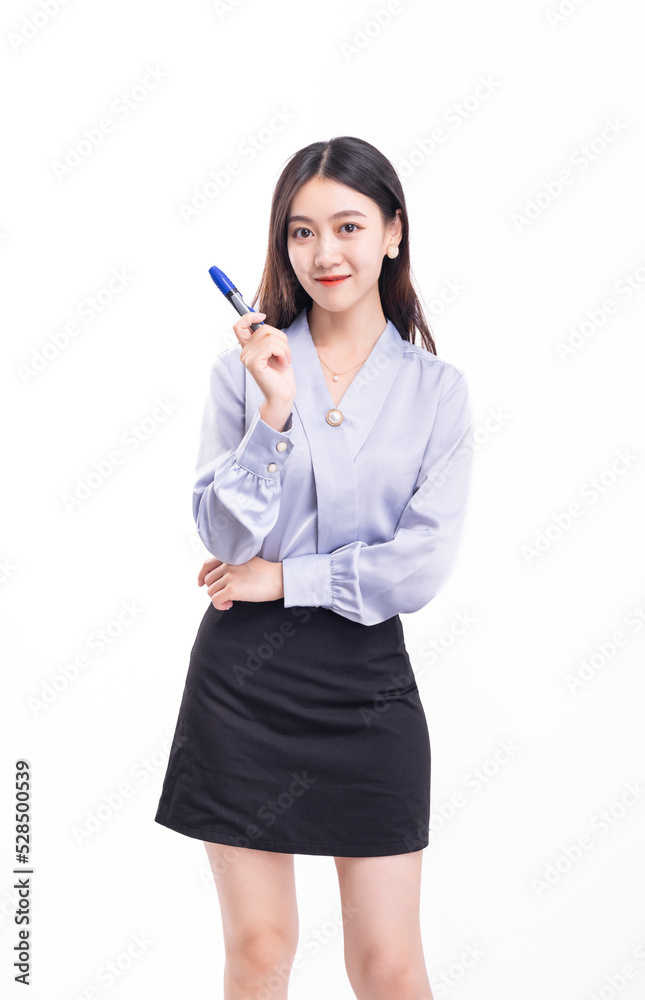 A business woman in a black skirt on a white background