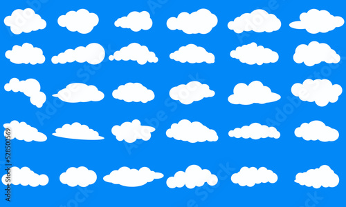 Cloud icons on a blue background with 30 different clouds. Vector