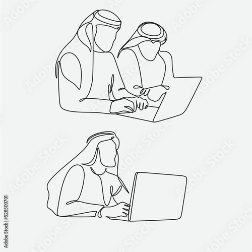 One continuous line drawing of young muslim business people line up . Islamic clothing shemag, kandura, scarf, hijab. Arab businessman working with laptop. Single line draw design vector illustration