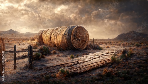 Landscape of a ranch in the West with a wooden fence and a barrel.