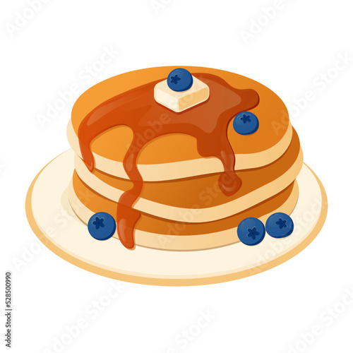 Delicious pancakes with maple syrup, butter and berries isolated on a white background. Vector illustration. Street food, takeaway, breakfast, fast food.  Graphic design clip art for web, print.