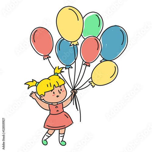 Happy little girl holding balloons. Doodle illustration of a happy child playing with colorful balloons. Girl in red dress.