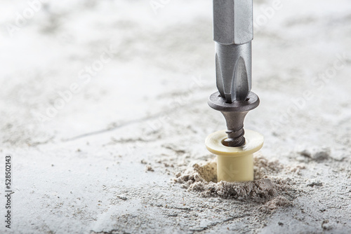 screwdriver screw and dowel in a concrete wall background photo