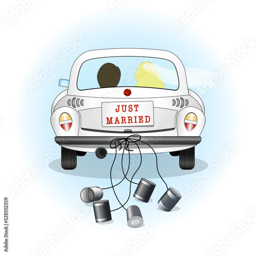 Vector illustration of white wedding car just married sign with metal cans. Fantasy retro car styled with couple in love.