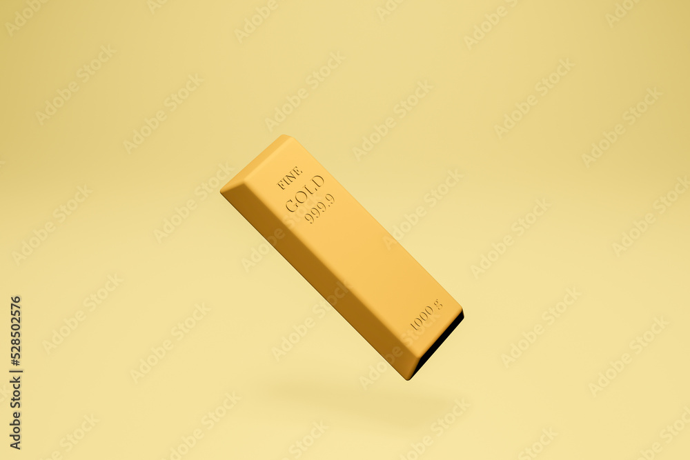 Fine golden bar weight of 1000 grams on yellow pastel background. Minimal 3D Rendering. Banking, Investment and Financial concept. Wealth and investment. Fine golden bar weight of 1000 grams on yellow pastel background. Minimal 3D Rendering. Banking, Investment and Financial concept. Wealth and investment.
