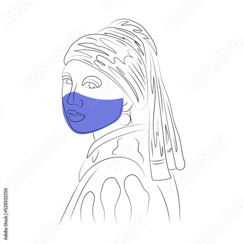 Girl with a Pearl Earring line art, covid, quarantine, mask
