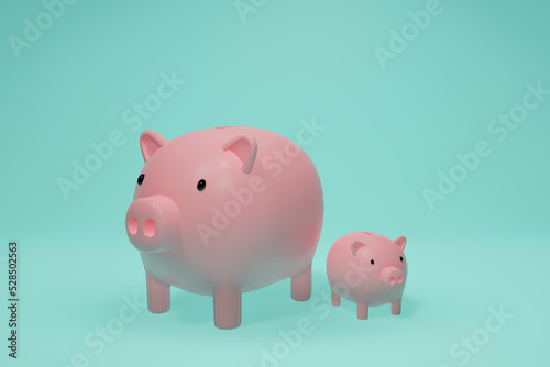 Pink piggy bank on green pastel background. Minimal 3D Rendering. saving money Banking, Investment and Financial . Wealth and investment.