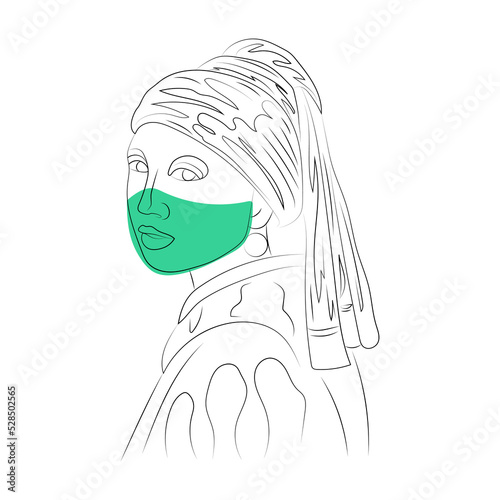 Girl with a Pearl Earring line art, covid, quarantine, mask