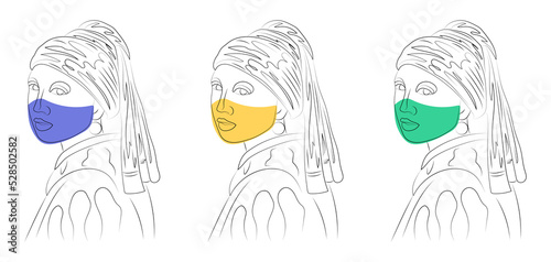 Girl with a Pearl Earring line art, covid, quarantine, mask