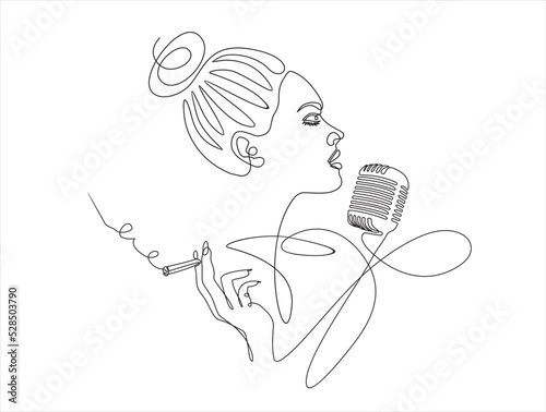 Young woman singing in a retro microphone and smoking. Continuous one line drawing. Vector illustration. photo