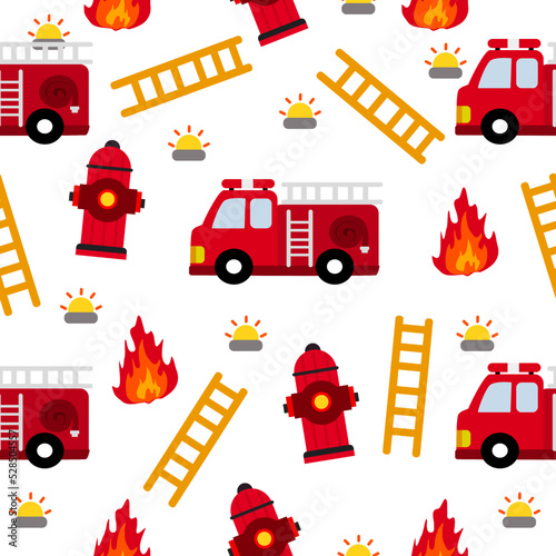 Cartoon pattern.Fire collection.firefighter pattern.Fire truck and equipment pattern