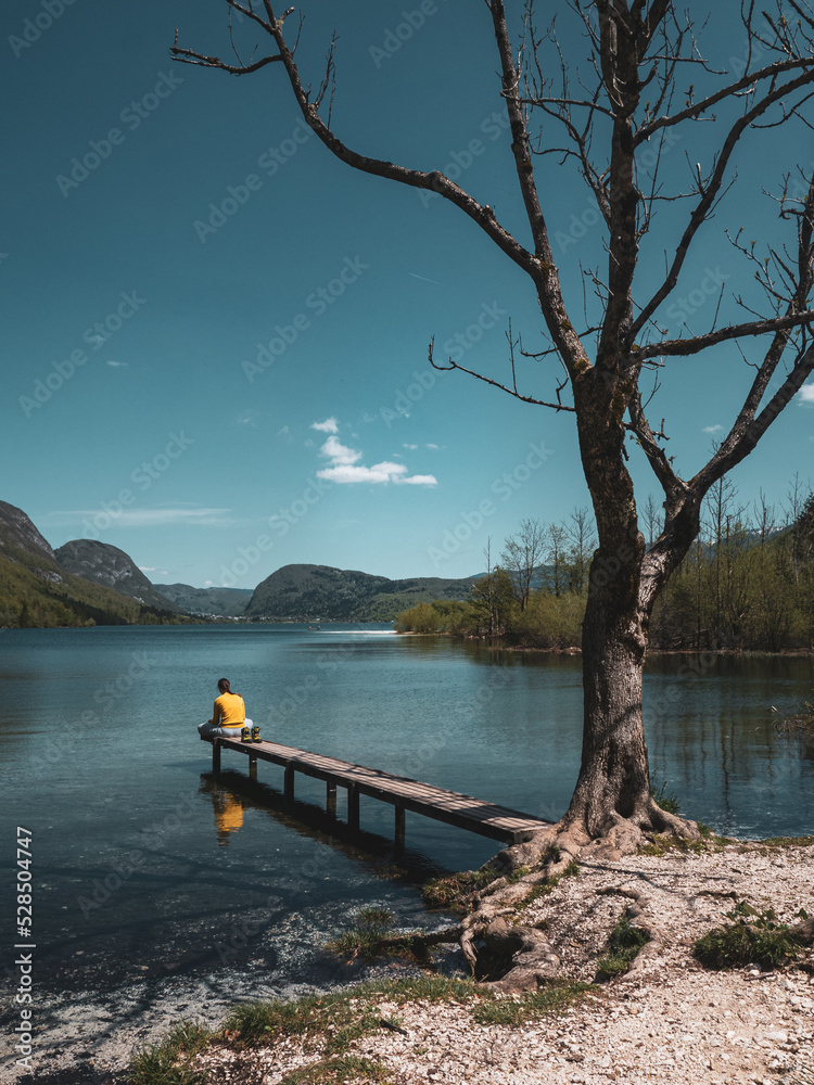 Lake Bohinj with a small wooden pier, a dried tree and a girl with a yellow sweater