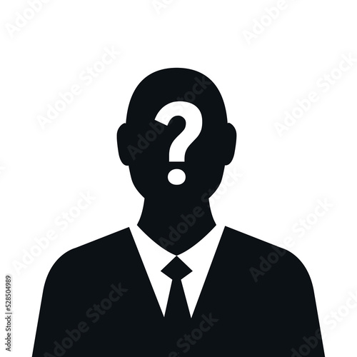 Businessman avatar with question mark sign isolated on white background. Man avatar silhouette. Suspect concept. Mysterious strange man.  Anonymous character. Vector stock