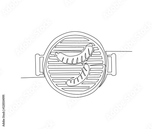 Continuous one line drawing of barbecue grill vector design. single line sausage on bbq grill minimalism style.