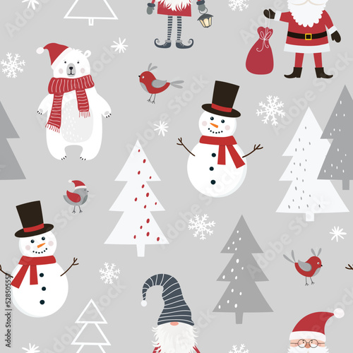 Christmas seamless pattern with Santa Claus, scandinavian gnome, snowman, polar bear, christmas tree and snowflakes. Flat style.