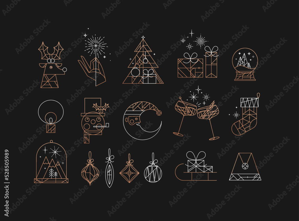 Set of Сhristmas icons drawing in art deco vintage style on dark background