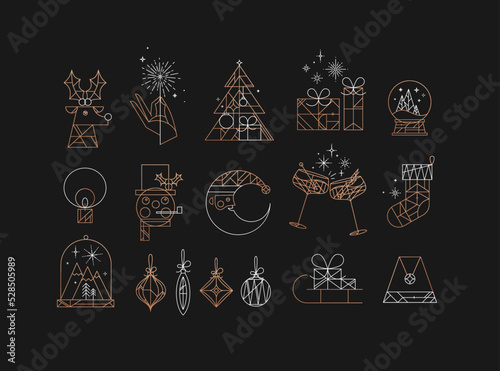 Obraz na płótnie Set of Сhristmas icons drawing in art deco vintage style on dark background w salonie