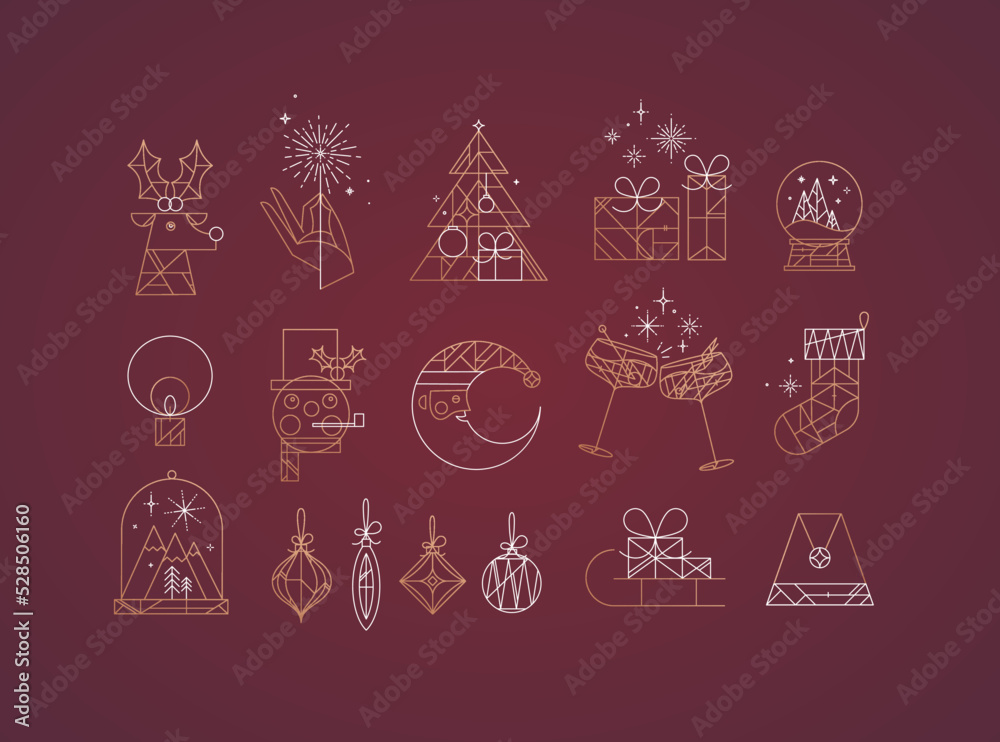 Fototapeta premium Set of Сhristmas icons drawing in art deco line style on red background