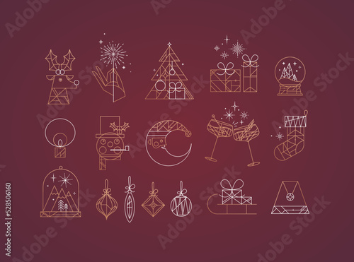 Set of   hristmas icons drawing in art deco line style on red background