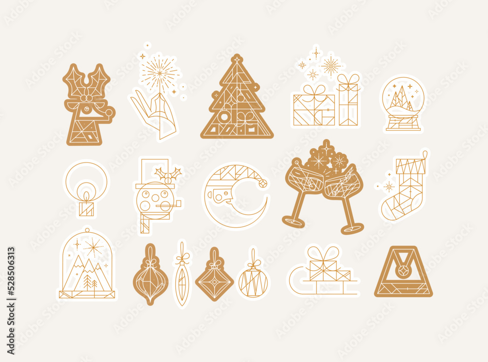 Set of Сhristmas icons drawing in art deco line style on beige background