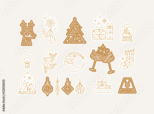 Obraz na płótnie Set of Сhristmas icons drawing in art deco line style on beige background w salonie