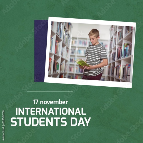 Composite of caucasian boy reading book in library and 17th november with international students day
