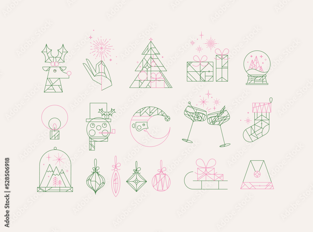 Set of Сhristmas icons drawing in art deco line style on beige background