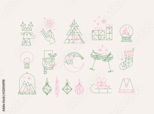Obraz na płótnie Set of Сhristmas icons drawing in art deco line style on beige background w salonie