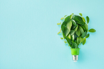 Green eco friendly lightbulb from fresh leaves top view. Energy saving, ecology and environment sustainable resources conservation concept...